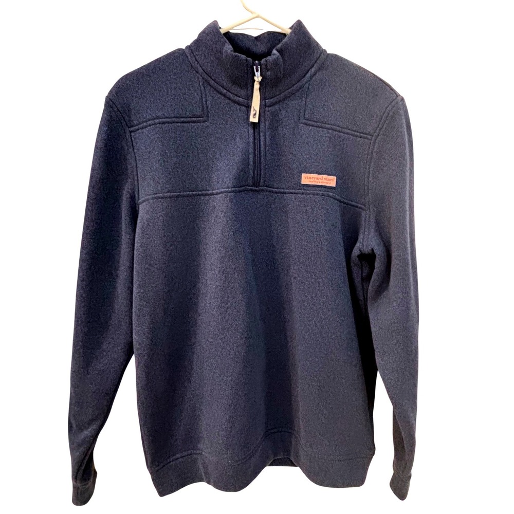 Vineyard Vines Mens Navy Blue Heathered Fleece Lined Quarter Zip Sweater Small